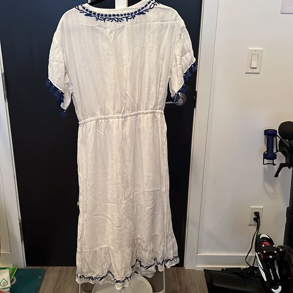 Club Monaco white & blue midi drawstring kaftan with embroidery/ pompoms -medium - Picture 3 of 3